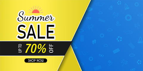 Sea view and Summer sale banner design with paper cut. And equipment used. And in the tropical and colors of modern and beautiful And can be used as an illustration or background.