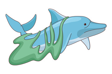 sad dolphin with a trash bag