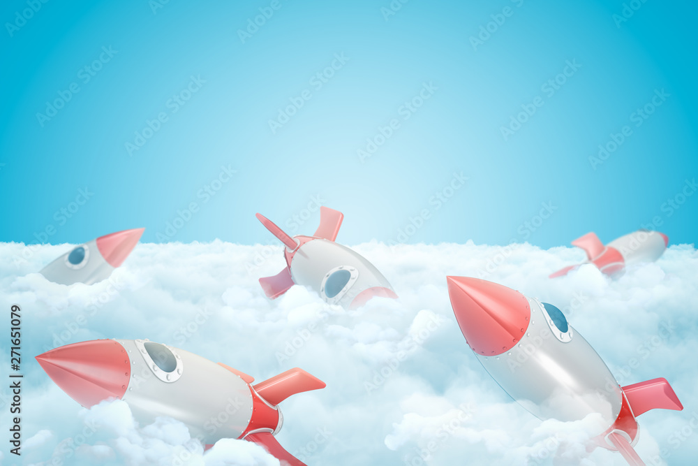 Poster 3d rendering of set of gray and red toy space rockets on layer of thick white fluffy clouds under bl