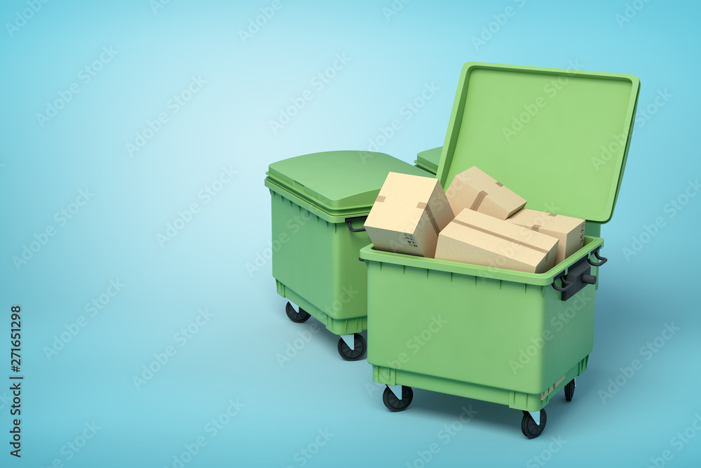 Poster 3d rendering of green trash bins with cardboard boxes inside on blue background