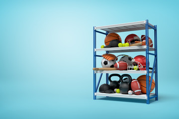 3d rendering of sports balls, helmets and kettlebells on metal rack shelves on blue background