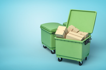 3d rendering of green trash bins with cardboard boxes inside on blue background