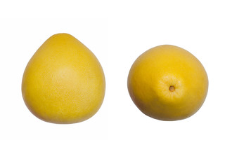 Ripe pink unpeeled pomelo with yellow skin on white isolated without shadow. Top and side view