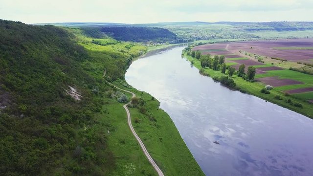 Flight over the river aat spring time. Dniester river of Moldova republic.