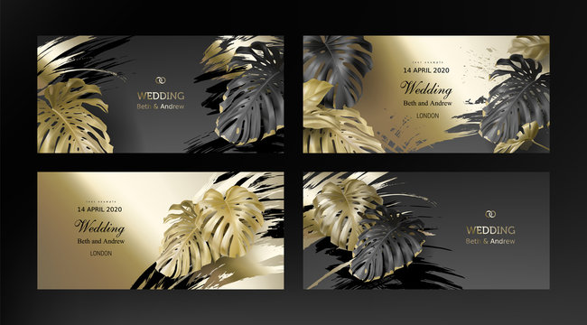 Tropical black gold monstera leaves on dark background vector set Beautiful botanical design with tropic jungle leaves, exotic plant and golden paint smear Wedding invitation card, holiday sale