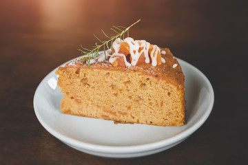 Fruit cake in coffee break cutting serve.