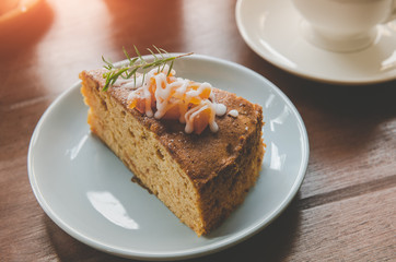 Fruit cake in coffee break cutting serve.
