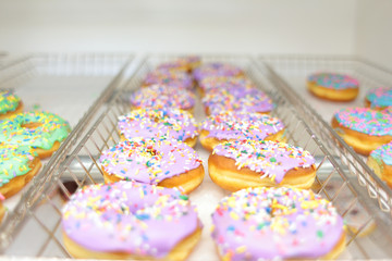 Fresh donuts on display racks at the donut shop.