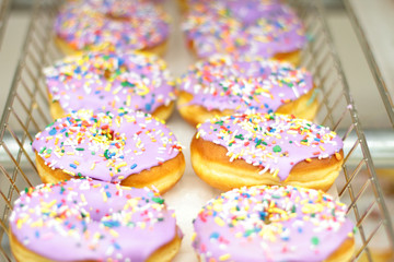Fresh donuts on display racks at the donut shop.