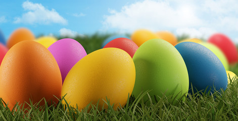 colorful Easter eggs green grass 3d-illustration