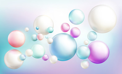 Soap bubbles or opaque colorful glossy spheres randomly flying on rainbow colored defocused background. Magical pearly balls, abstract kids bright dreamy pattern. Realistic 3d vector illustration