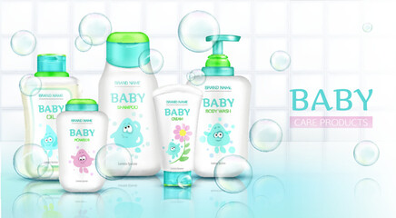 Baby care products, cosmetics bottles with kids cartoon design and flying soap bubbles, plastic tubes mockup of cream, shampoo, foam on white bathroom tiled background Realistic 3d vector illustration