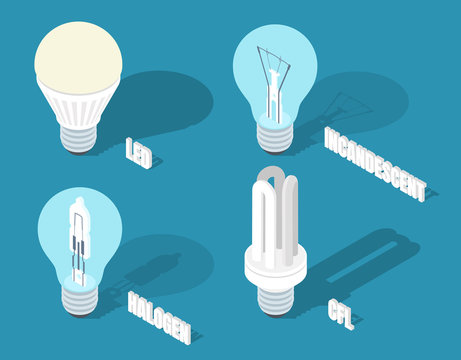 Vector isometric illustration of main electric lighting types: incandescent light bulb, halogen lamp, cfl and led lamp.