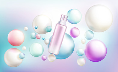 Cosmetics spray bottle mockup, beauty cosmetic tube with pump cap on rainbow defocused background with randomly flying soap bubbles or glossy spheres. Baby oil, serum. Realistic 3d vector illustration