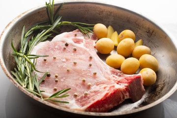 Uncooked pork meat on a pan 