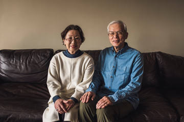 Portrait of senior couple sitting on sofa at home