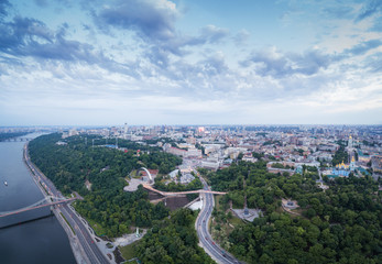 Aerial view of the new glass bridge in Kiev at night