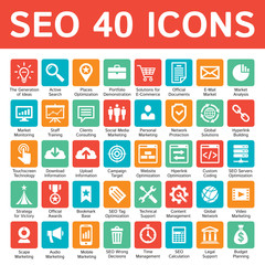 SEO 40 icons design set. Search engine optimization - concept vector sign for presentation, website, brochure. Advertising promotion.