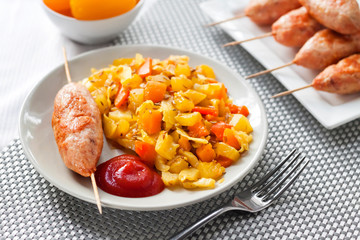 Stewed vegetables with turmeric and cumin and turkey kebab