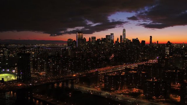 Downtown New York at night, aerial