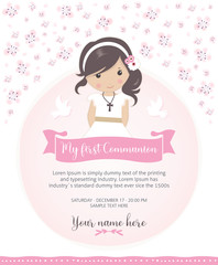My first communion invitation. Beautiful girl with communion dress and cute flower frame