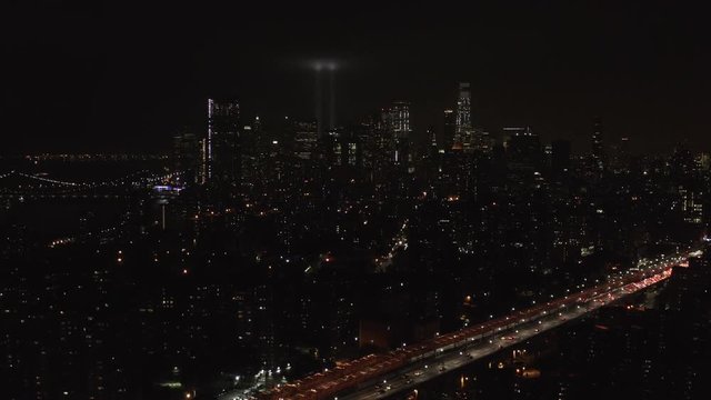 New York City skyline at night, aerial