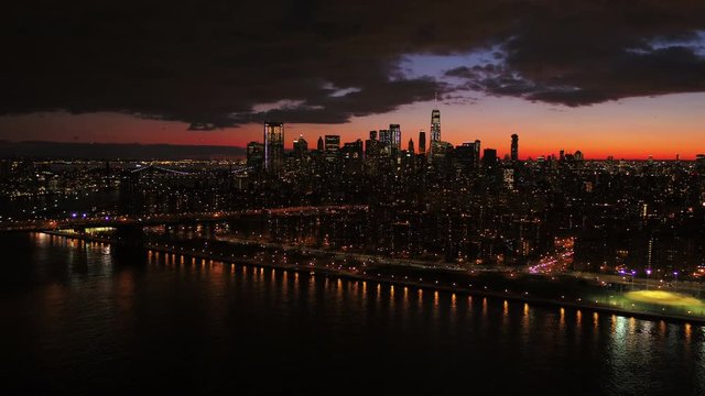 New York City skyline at night, wide aerial