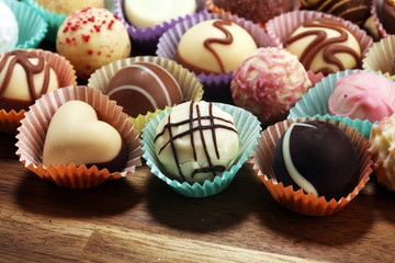 a lot of variety chocolate pralines, belgian confectionery gourmet chocolate praline.