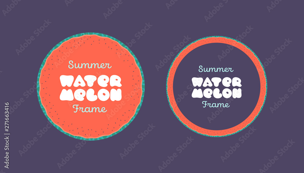 Poster set of vector watermelon banner. red and green color circle fruit shape frames on black background w
