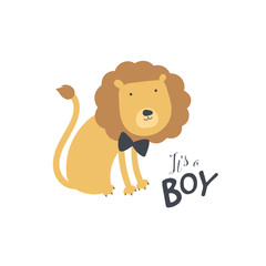 Vector baby shower animal banner template. Scandinavian design elements for invitation card, poster. Cute lion sit on white background with text it is boy. Concept of childish style illustration.