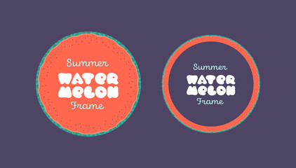 Set of vector watermelon banner. Red and green color circle fruit shape frames on black background with text field. Summer entertainment advertisment. Design for activity card, poster and fruit menu.