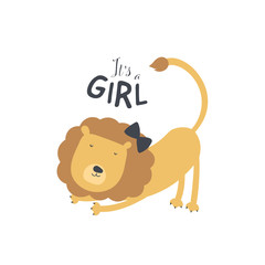 Vector baby shower banner template. Scandinavian design elements for invitation card, poster. Cute tiger stretch with bow on white background and text it is girl. Concept of child style illustration.