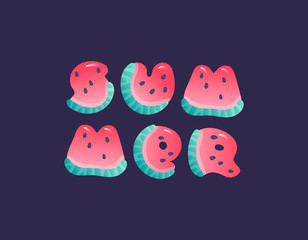 Summer vector watermelon banner. Text summer of red and green fruit shaped letter on black background. Summer entertainment advertisment. Design element for activity card, poster and fruit menu.