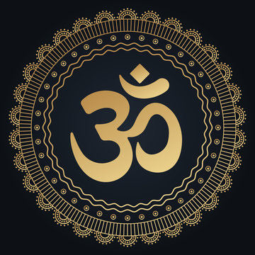 OM symbol golden mandala. Folk ornament with ancient Hindu mantra.