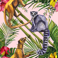 Watercolor tropical wildlife seamless pattern. Hand Drawn jungle nature, lemur, hibiscus flowers illustration