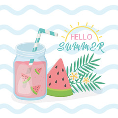 hello summer poster with fresh cocktail icons