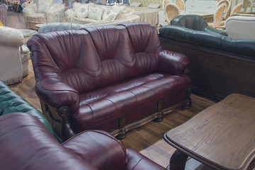 Sofas exhibited in the furniture store. Selling