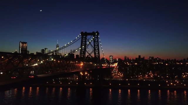 Aerial, Williamsburg Bridge over East River at night