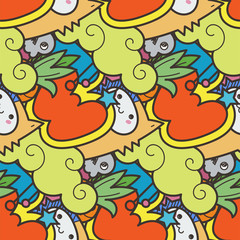 Seamless vector pattern with cute cartoon monsters and beasts. Nice for packaging, wrapping paper, coloring pages, wallpaper, fabric, fashion, home decor, prints etc