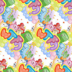 Seamless vector pattern with cute cartoon monsters and beasts. Nice for packaging, wrapping paper, coloring pages, wallpaper, fabric, fashion, home decor, prints etc