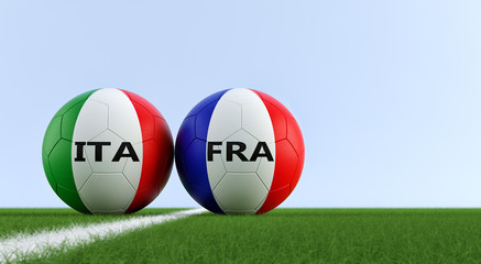 Italy vs. France Soccer Match - Soccer balls in Italy and France national colors on a soccer field. Copy space on the right side - 3D Rendering 