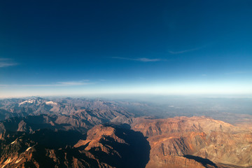 Aerial view of the Andes mountain range on the border between Chile and Argentina