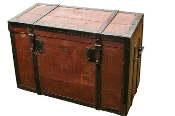 Old vintage retro wooden chest with iron strapping isolated on white background