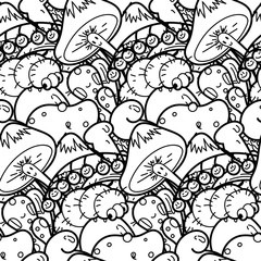 Cute seamless forest pattern with mushrooms. Nice for prints, design, colorings, cards, textile