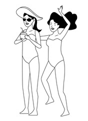 Young women in summer cartoons in black and white