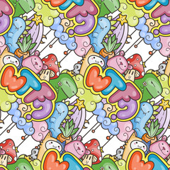 Seamless vector pattern with cute cartoon monsters and beasts. Nice for packaging, wrapping paper, coloring pages, wallpaper, fabric, fashion, home decor, prints etc