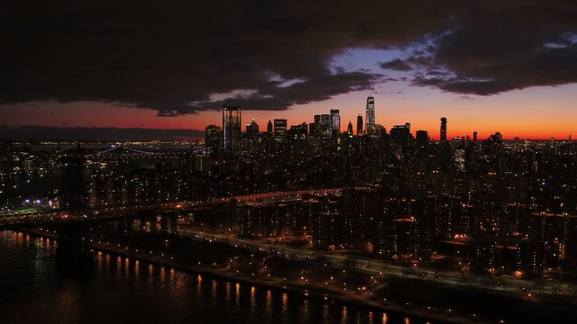 Aerial, skyscrapers in New York at night