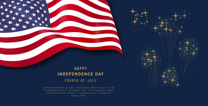 USA Independence Day banner template with fireworks and waving American national flag on navy blue background. 4th of July celebration poster, flyer, greeting card design. Memorial Day. Place for text