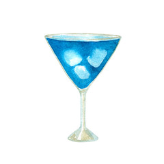 Blue lagoon cocktail with curacao and ice. Hand drawn watercolor illustration. Isolated on white background.