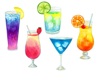 Set or collection of different colorful summer bright cocktails with fruits. Hand drawn watercolor illustration. Isolated on white background.